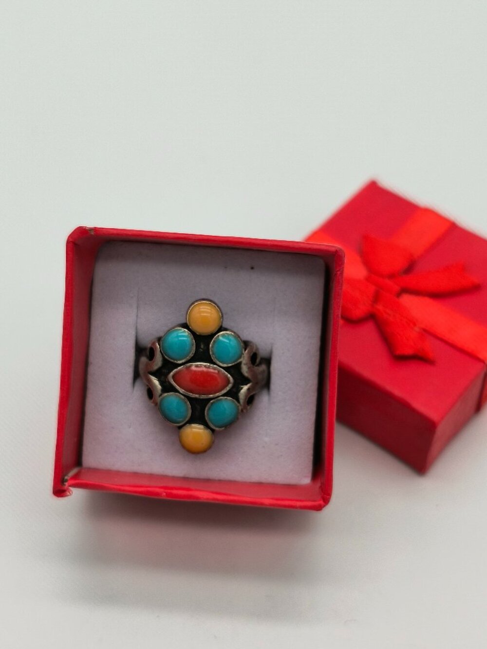 Vintage Artisan‑Inspired Boho Statement Ring • Red & Turquoise Accents • Size 5